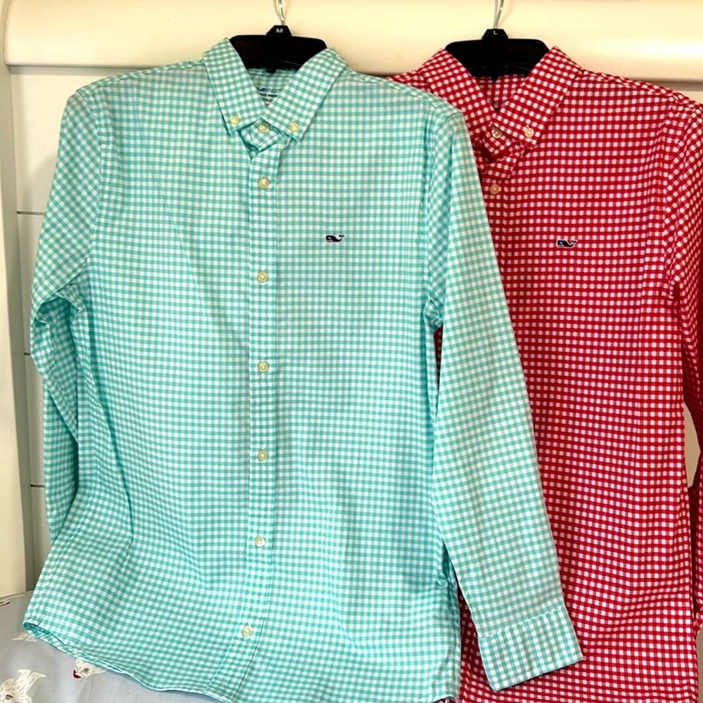 NWT Vineyard Vines Boys Gingham Shirts - Red and Teal, Size M/12/14